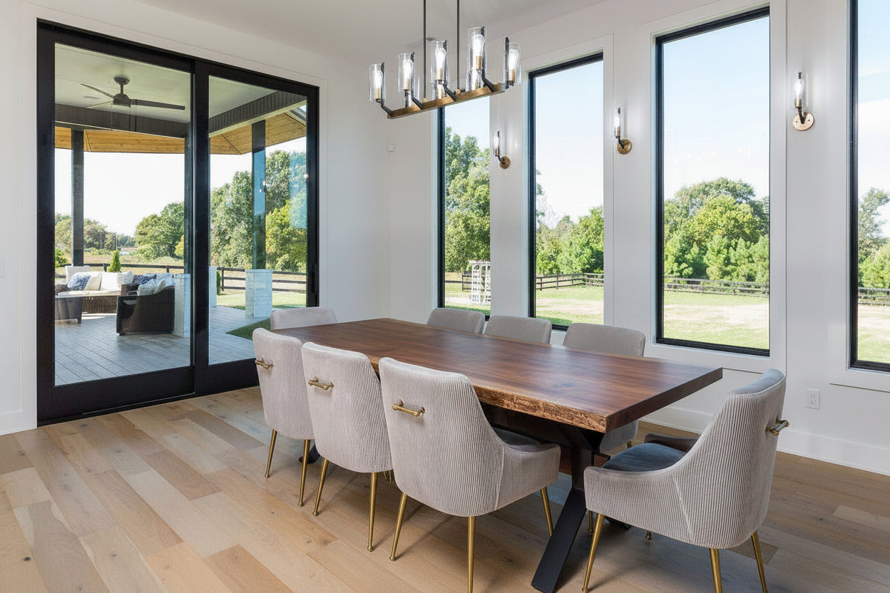 Modern dining room with wooden table and chairs near large windows with a view of greenery.