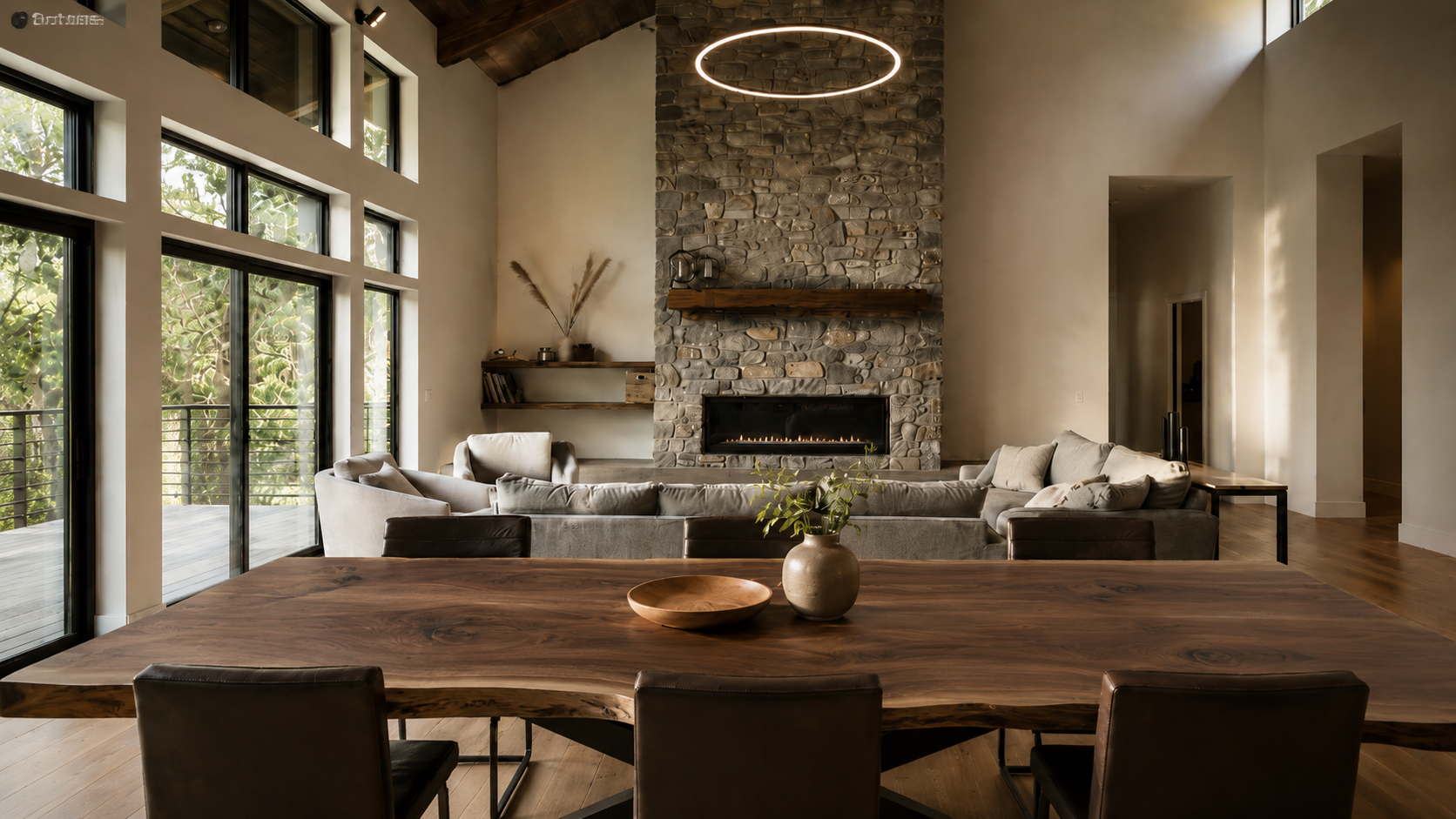 Walnut dining table in a warm architectural living and dining space